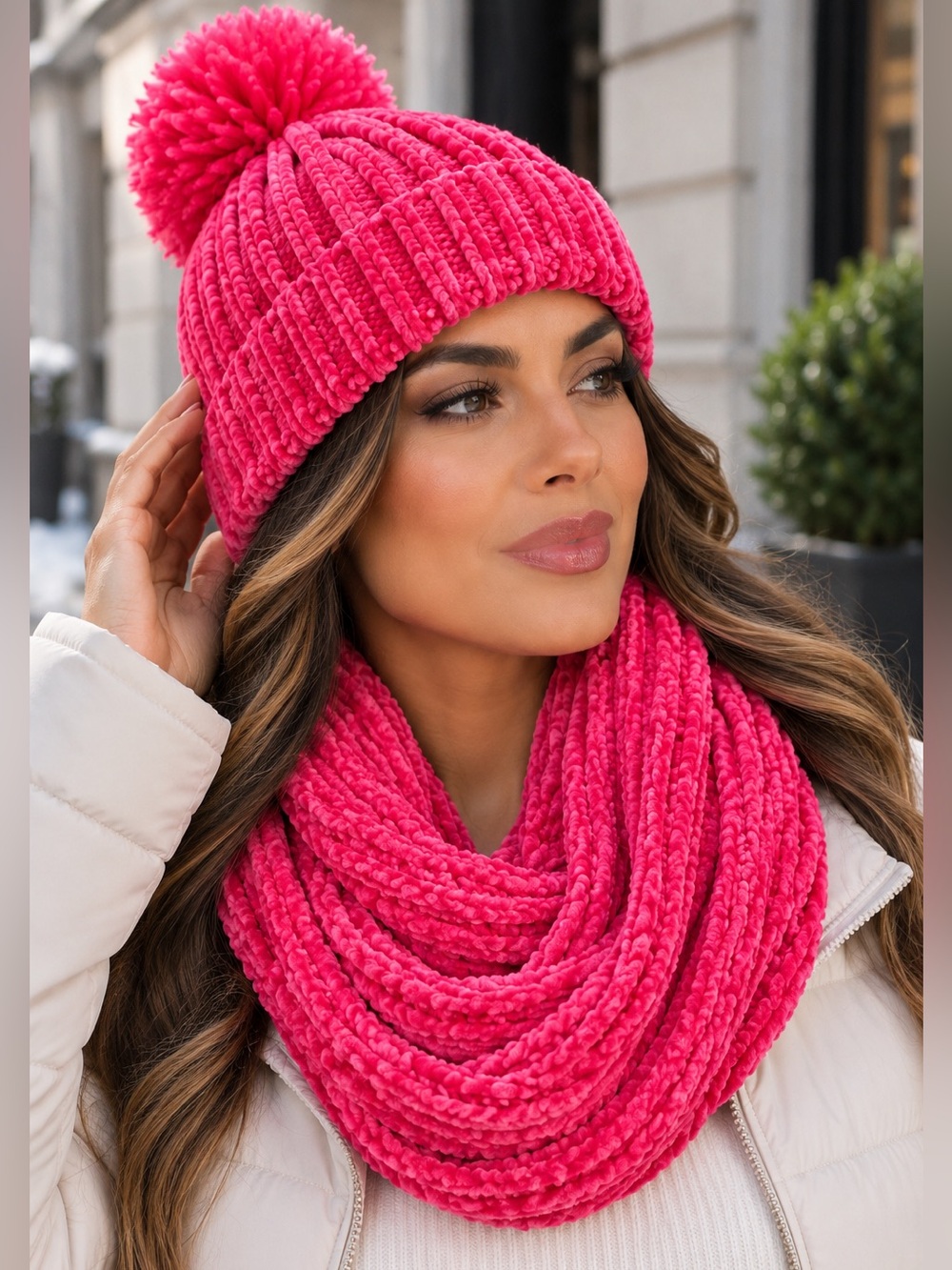 New York & Company Pink Chenille Infinity Scarf & Pom Pom Beanie Set